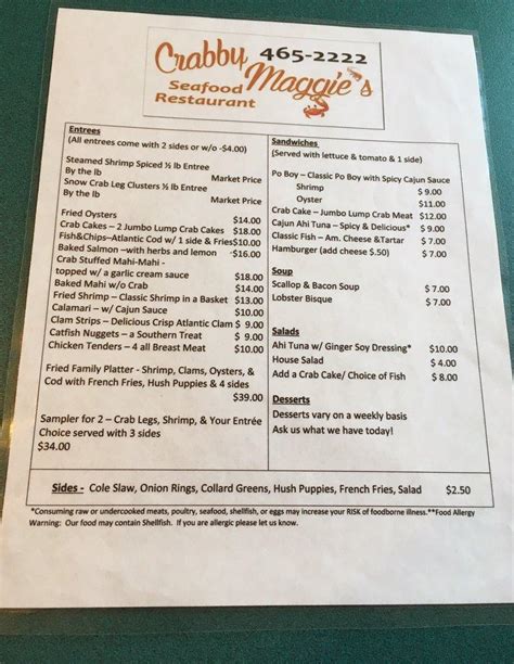 View the Menu of Crabby Maggie's Seafood in 260 E Washington St,, Strasburg, VA. . Crabby maggies seafood restaurant menu